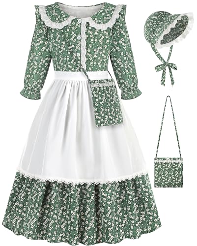 Aoiviss Girls Pioneer Costume Floral Colonial Prairie Dress for Little Kids with Apron and Bonnet, Green