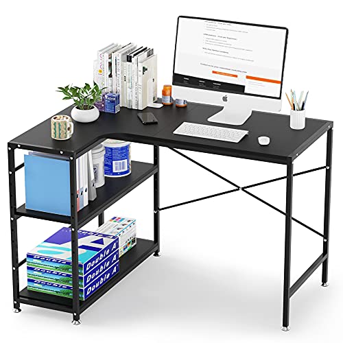 コーナーデスク 幅110cm テレワーク用 DEWEL パソコンデスク L字型 左右入替え可 ラック付きデスク パソコンラック 二段階収納ラック付き グラつき防止 木製 L字デスク 収納棚付き アジャスタ付き オフィスデスク PC デスク ワークデスク 事務 机 木目柄 勉強机 省スペース グラつき防止 シンプル メラミン加工 一 ブラック110X80X75cm