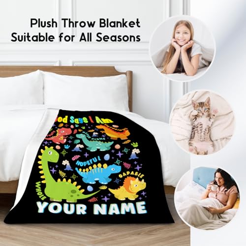 Custom Dinosaur Blanket, Cozy Soft Throw Gifts for Boys, 40x50 Inch Cute Flannel Blanket for Dinosaur Lovers, God Says I Am Throw Blankets for Couch Sofa
