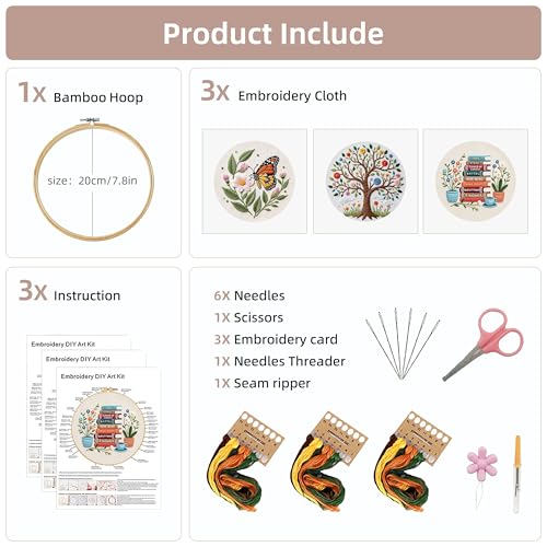 Image of KEKEMEOW 3 Sets Embroidery Kit for Beginners, Stitches with Books and Flowers, Embroidery Stitch Practice kit for Adults Craft Lover, Cross Stitch Kit with Pattern、Instruction、Hoop