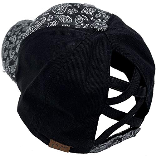 C.C Ponytail Criss Cross Messy Buns Ponycaps Baseball Cap Dad Trucker Mesh Hat (Distressed Paisley Black)
