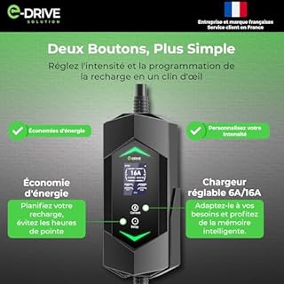 Chargeur Voiture Electrique 16 A [3.7 KW, 6M ] Compatible Prise Green up & Skudo-Écran LCD + Départ Différé + Support & Câble Type 2 - E-Drive Solution Marque Française