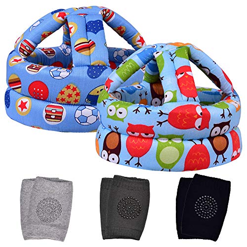 TORASO Baby Safety Helmet & Baby Knee Pads for Crawling, Baby Head Protector, Infant Safety Helmet & Walking Baby Helmet, for Age 6-36 Months, Blue Owl&Football(A)