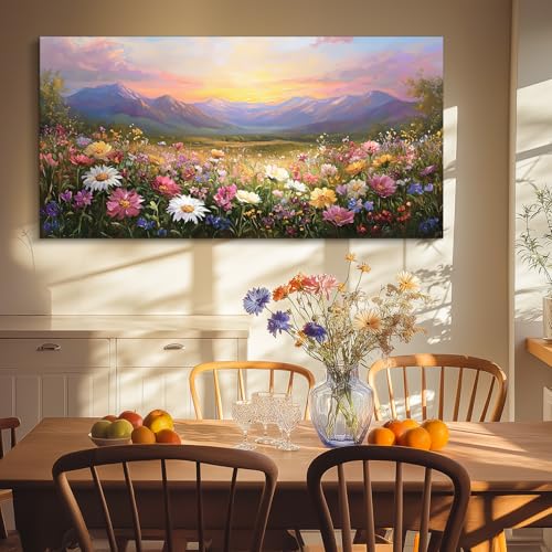 crmotu Landscape Wall Art, Oversized Wall Art, Floral Wall Decor, Mountain Flower Sunset Oil Paintings, Vibrant Scenic Pictures Wall Decor Living Room Bedroom Hallway Farmhouse Canvas Prints 30x60inch