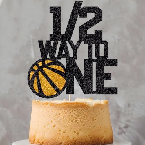 Basketball Half Birthday Decorations 1/2 Half Way to One Cake Topper Happy 6 Months Birthday Cake Pick 1/2 Way to One Cake Decoration for Baby Shower Half Birthday Party Supplies Black