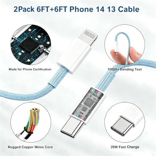 Image of Essri Phone Charger Fast Charging 6 FT,2-Pack 20W PD USB C Block with iPhone 14 13 Charger Cable 6 Foot, Compatible with iPhone 14 Pro 13 Pro Max 12 11 Pro Mini,Blue+Purple