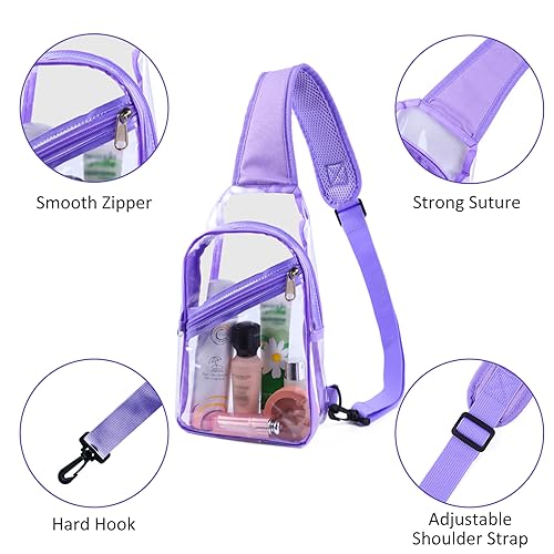 Clear Sling Bag, Stadium Approved, Small Clear Chest Backpack with Front Pocket, Crossbody Chest Bag for Men Women, Purple3