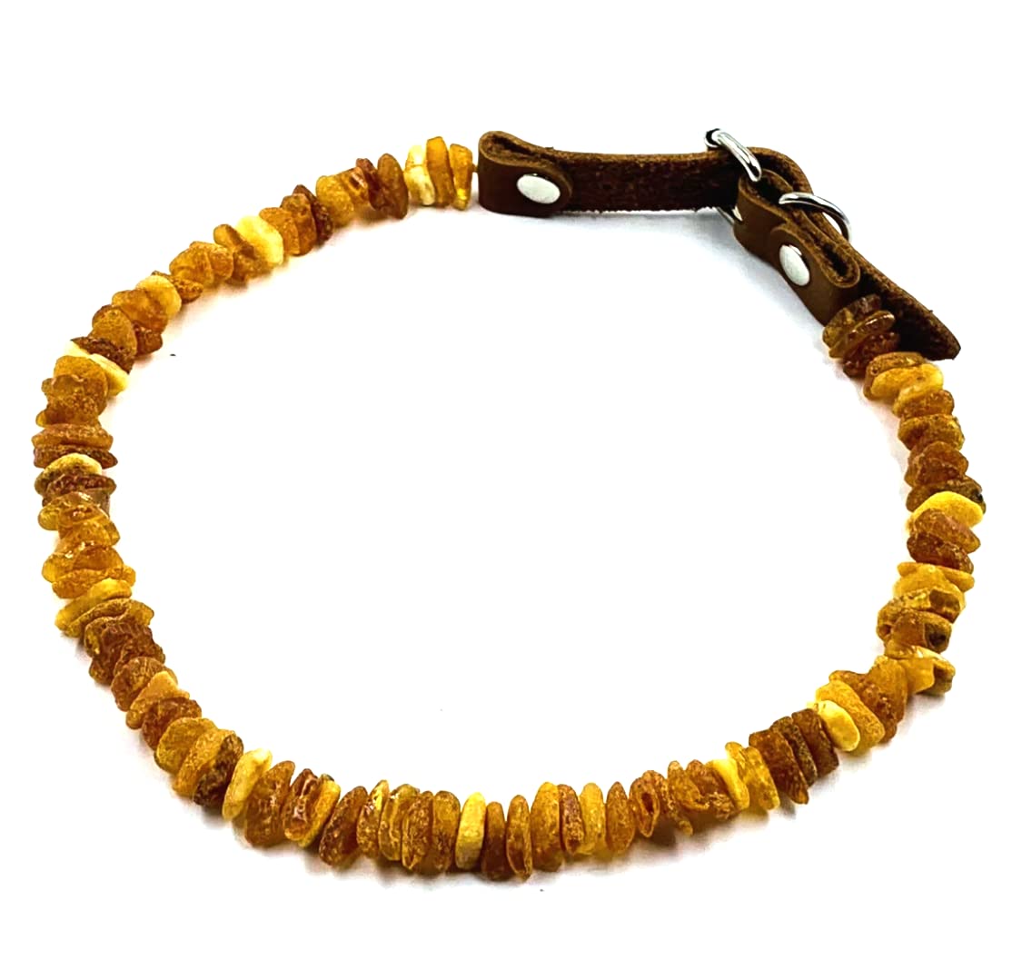 Collares de ámbar para perros y gatos, collar de ámbar báltico para perros y gatos con correa de cuero ajustable, cuentas de ámbar anudadas en bruto (45-50 cm)