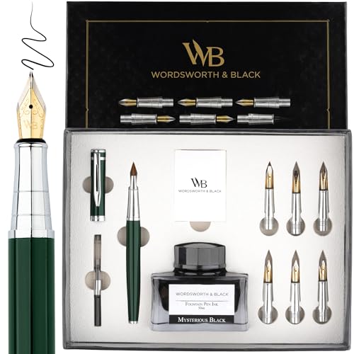 Wordsworth & Black Calligraphy Pen Set de regalo, incluye botella de tinta, 6 cartuchos de tinta, convertidor de recarga de tinta, 6 puntas de repuesto, paquete premium, diario [Cromo Verde]
