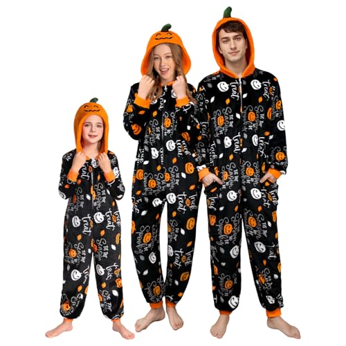 OLAOLA Pyjama Famille Coordonné Noël, Grenouillère à Capuche pour Carnaval et Halloween, Pyjama Flanelle Fêtes (7-9 Ans, Citrouille)