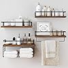 Amada Wood Floating Shelves Wall Mounted - 4+1 Tier Rustic Bathroom Wall Shelves Over Toilet with Wire Storage Basket and Towel Bar, Set of 4 Farmhouse Floating Shelf for Bathroom, Kitchen, Bedroom.