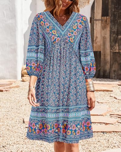 Image of BTFBM Women Casual Spring Summer Dresses V Neck 3 /4 Long Sleeve Ruffle Floral Flowy Boho Babydoll Mini Short Beach Dress