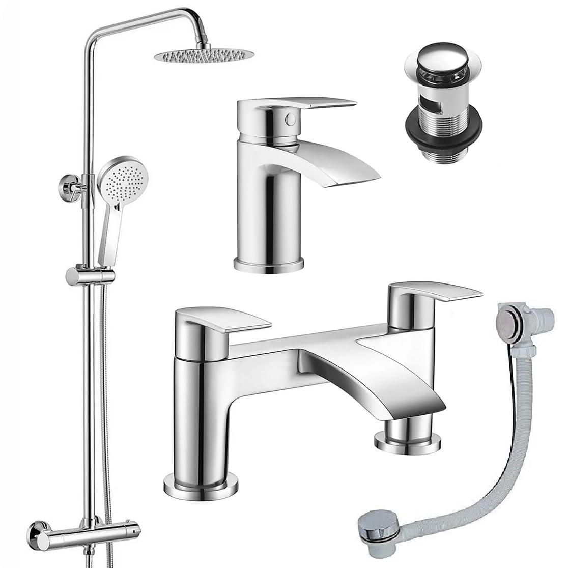 Belantia - Set doccia termostatico cromato, completo | Doccia termostatica rotonda | Miscelatore monocomando per lavabo | Include tutti i rifiuti