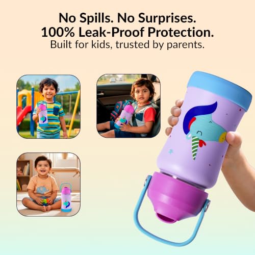 Image of Rabitat Steel Play Kids Stainless Steel Water Bottle 450ml | 2 Year Warranty | Leakproof Sipper | Soft Silicone Spout, Flip-Lock Cap & Handle | BPA-Free 18 /8 SS | Anti-Skid Base | Love you to the moon