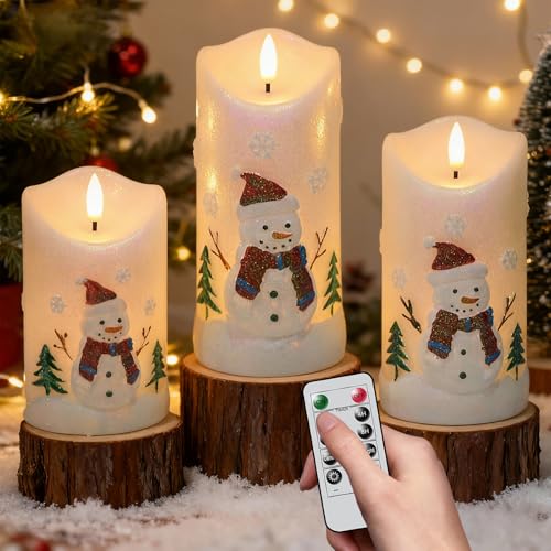 Image of Wondise Christmas Snowman Flameless Candles, Real Wax Battery Operated with Remote Timer, Glitter White Snowman LED 3D Wick Flickering Pillar Candles for Christmas Decor