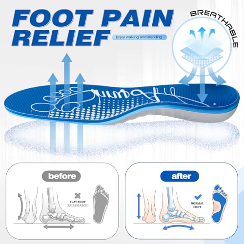 Image of Arch Support Inserts for Plantar Fasciitis Relief Insoles for Men Women Orthotics of Flat Feet High Arch Heel Pain Relief Shoe Inserts (Men 13-13.5, Blue)