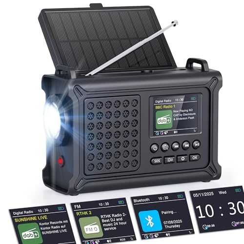 ROCAM Kurbelradio DAB+/UKW, Tragbare Notfallradio 12000mAh mit 8500mm² Solarpanel & 650mA Kurbel, Digital Radio mit Bluetooth, 2,4' Farbdisplay, 80 Sender, SOS, LED Taschenlampe, USB, IPX6 für Camping