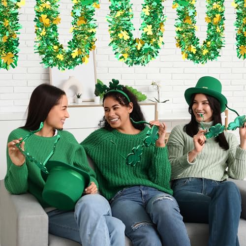 Image of 50FT St. Patrick's Day Tinsel Garland Shamrock Clover Green Gold Metallic Tinsel Twist Garland for Irish Saint Patricks Day Party Home Decor Indoor Outdoor Decoration