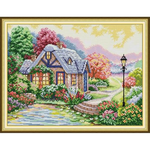 Image of JOYSEWING Dream House Countryside Pattern Stamped Cross Stitch for Adult Counted Embroidery Kits for Beginners DIY Needlepoint Craft Kits Home Decor (Sweet Home(11CT) 22.05 x17.32 inch)