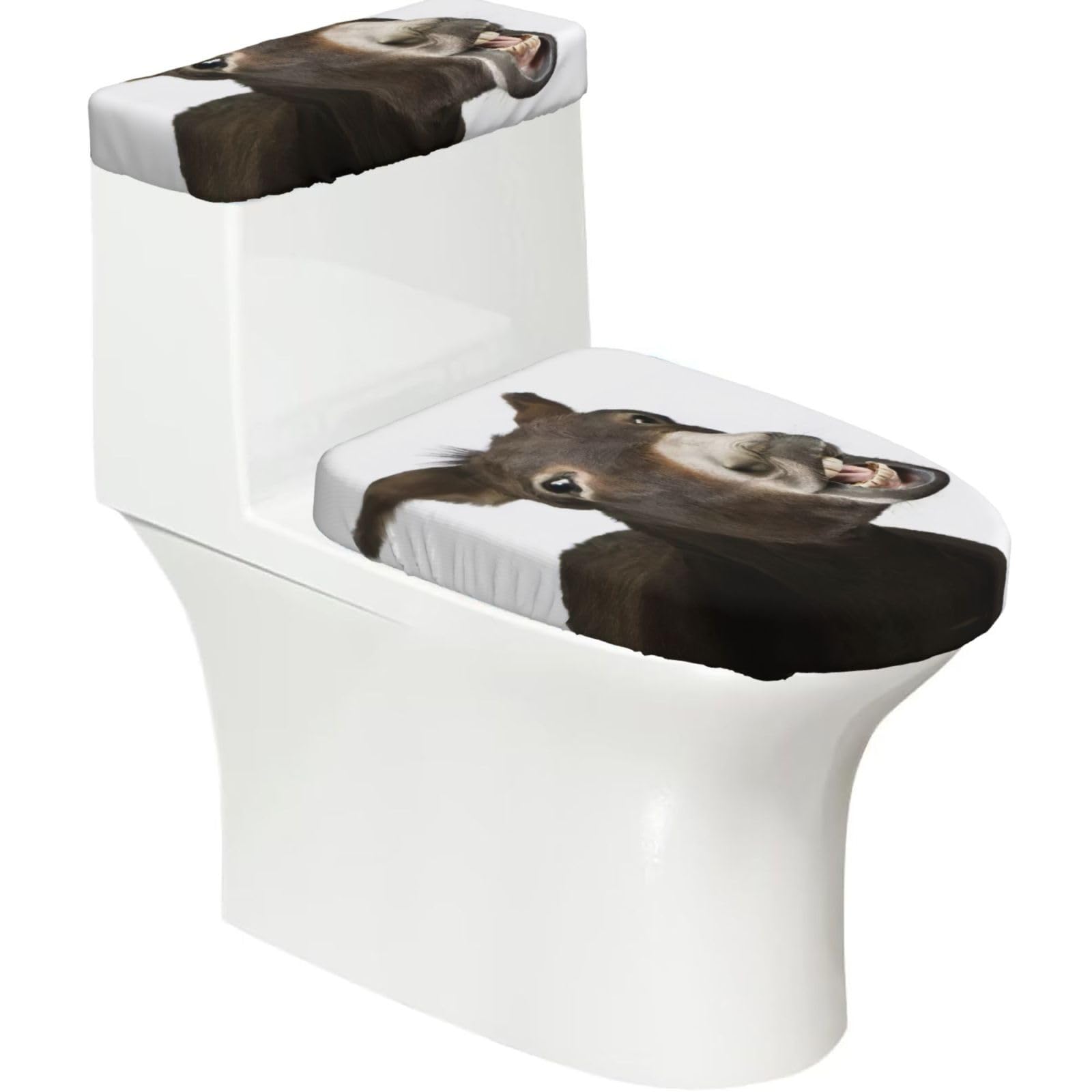 Funny Donkey Printed Toilet Tank and Lid Cover Set of 2 for Most Bathrooms, Fits Elongated Round Toilets