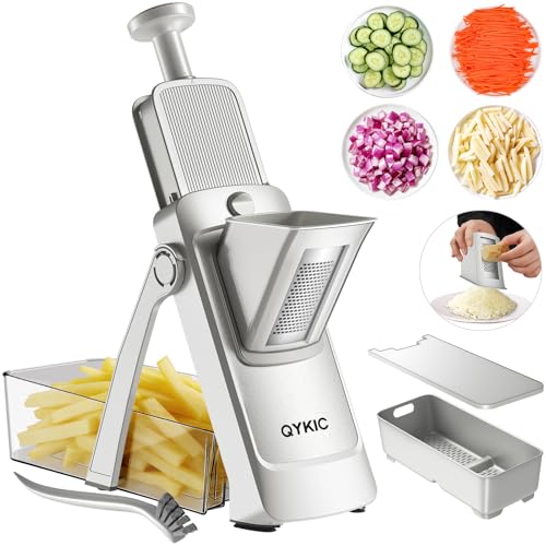 QUKIC S4 Pro - Cortador de mandolina seguro para cocina, picador de verduras, cortador de papas, grosor ajustable de 1 a 8 mm, cortador de cebolla vegetal para preparación de comidas (gris)