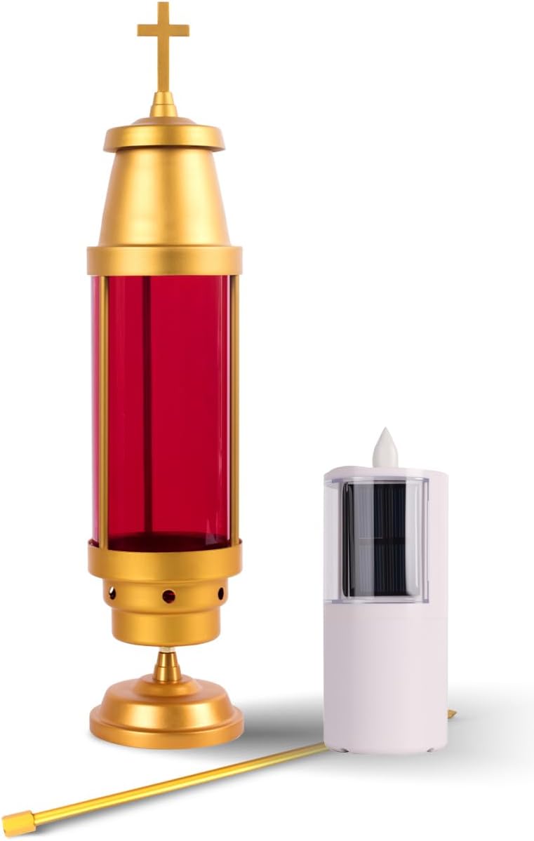 Cemetery Light Candle Holder, Grave Decorations Memorial Lantern with Crosses, Anodized Aluminum Eternal Light Dome Memorial Light Grave Lamp, Red(Includes Solar Candle) - Image 2