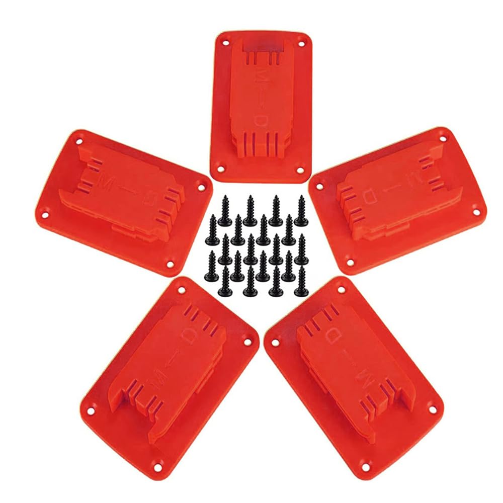 5 Pack Battery Mount Holder Compatible with Dewalt Milwaukee M18 18V, Wall Mount Rack Base with Screws, Electric Drill Tools Fixing Bracket Hanger, Red
