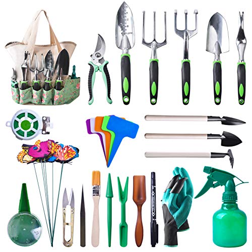 ETEPON Garden Tools Set, 50 Pieces Heavy Duty Gardening Tools with Soft Rubberized Non-Slip Handle Tools, Aluminum Outdoor Hand Tools with Garden Gloves and Handbag- Gardening Gifts for Women