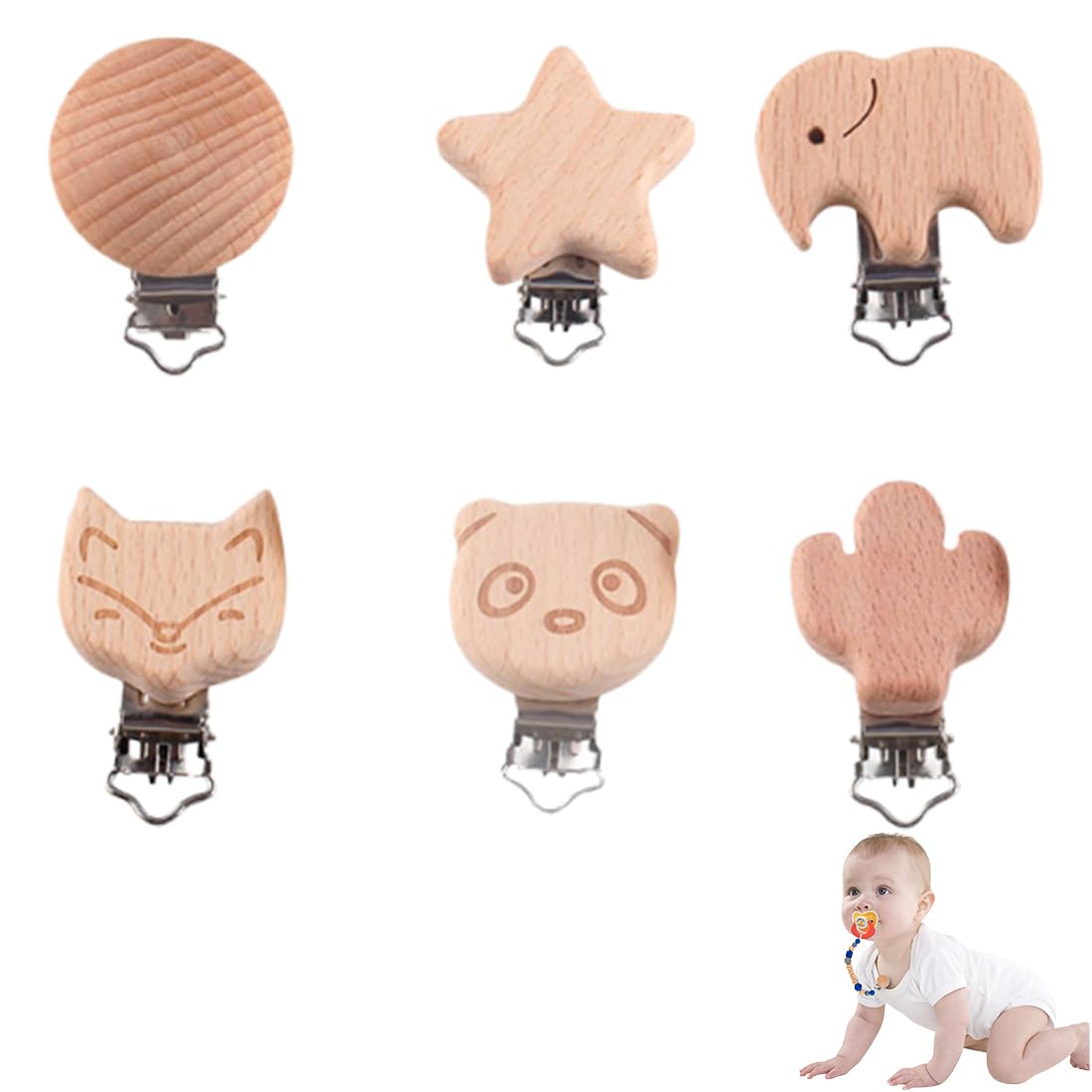 YAPKOLV 6 Stücke Schadstofffrei Holz Schnullerclip Dummy Clip Halter für Baby und Kind