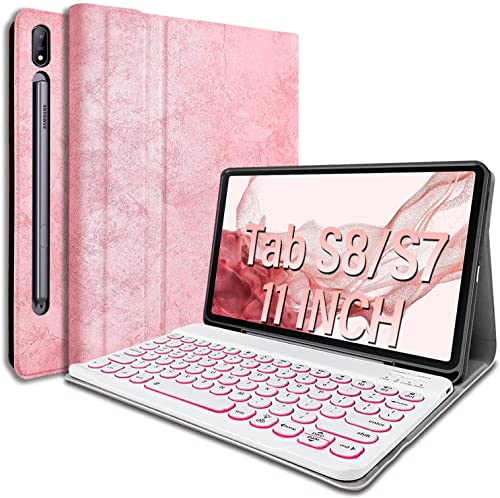 Backlit Keyboard Case for Samsung Galaxy Tab S8 2022/Tab S7 2020 11 inch(Model SM-X700/X706/T870/ T875/T876),Wineecy 7 Colors Light Detachable Wireless Keyboard & PU Folio Stand Pen Holder Cover, Pink