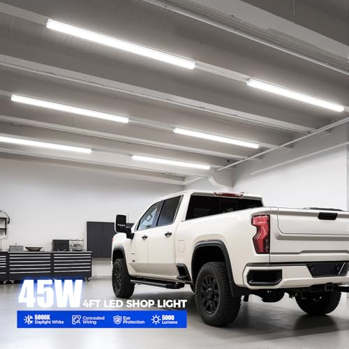 Image of Barrina LED Shop Lights for Workshop 4FT, 5000K Daylight White, 45W, 5000LM, Hidden Wiring, Linkable 4FT Light Fixture Cord with ON /Off, Frosted Cover, LED Ceiling Light for Garage, Kitchen, 2 Packs