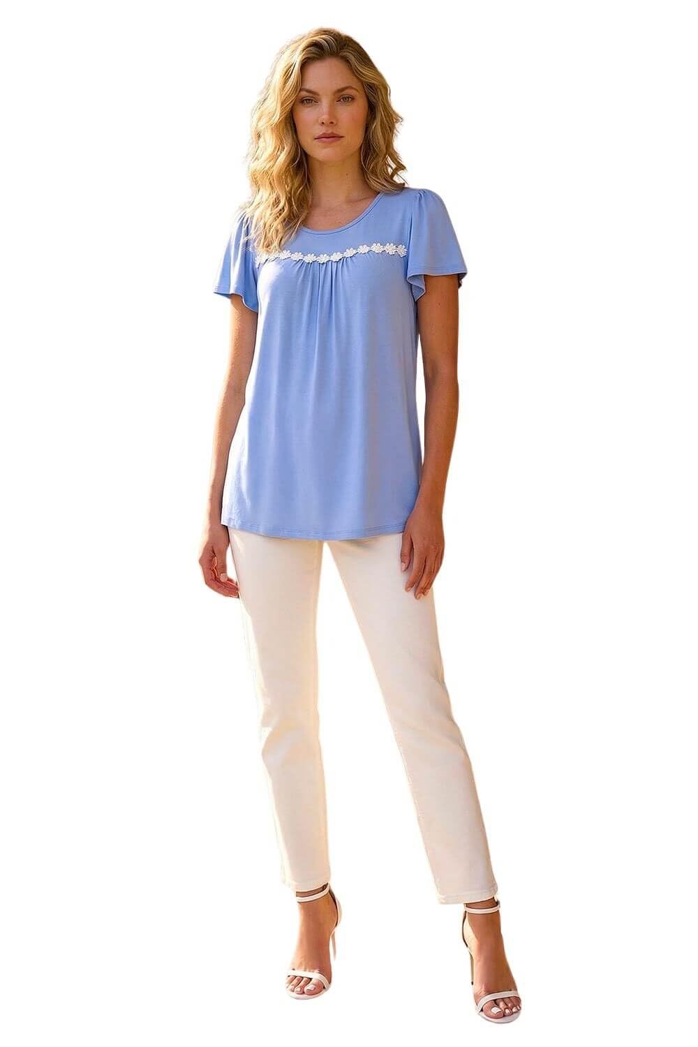 Roman Women's Light Blue Daisy Applique Stretch Top In | Size: 12