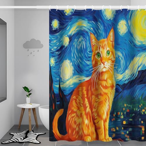 Rideau de douche étanche chat orange évitant les moisissures avec tissu polyester 3D
