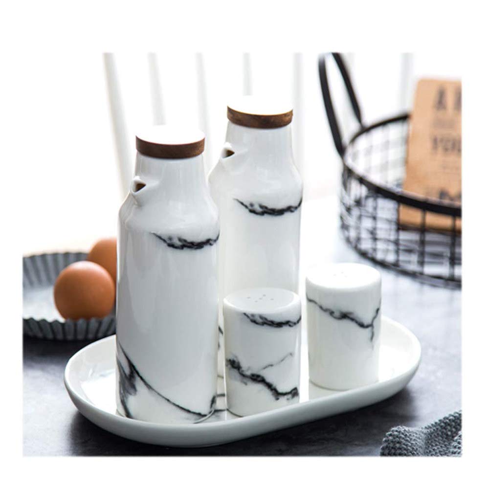Oil/Vinegar/Salt/Pepper Set, 5-Piece Bamboo/Ceramic Oil Bottle Kitchen Oil Dispenser Container Leak Proof Pourer Dustproof, Sauce Cruet 400ML White Marble Pattern