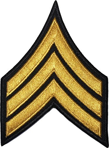 Chevrons Sergeant E-5 Stripes US Army Rank Sew on Iron on Arms Shoulder Embroidered Applique Patch - Black and Gold (1 Piece) (IRON-E5-BK-GOLD-02)