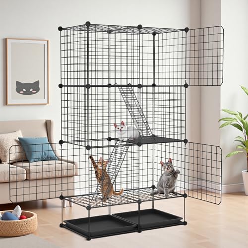ORHEYA 3 Ebenen Katzenkäfig Freigehege für Draußen & Drinnen, DIY Metall Katzengehege Katzenhütte mit Abnehmbarer Bodenwanne, 2 Leitern & 3 Türen...