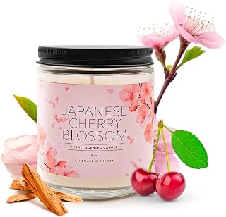 Highly Scented Candles, Organic Soy Candle for Home, Natural Aromatherapy Candle, Made in The USA Gifts for Men & Women, Stress Relief Long Lasting Handmade Candle, 8 oz. (Japanese Cherry Blossom)