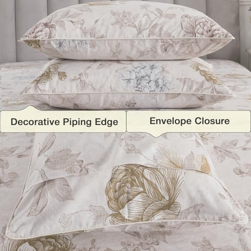 Image of 100% Cotton Percale Beige Floral King Size Sheets Set, Deep Pocket | Soft Crisp Vintage Farmhouse Flower Print Bed Sheets, Neutral Toile Bedding, Shabby Chic, Cottagecore, Botanical Garden, 4Pcs