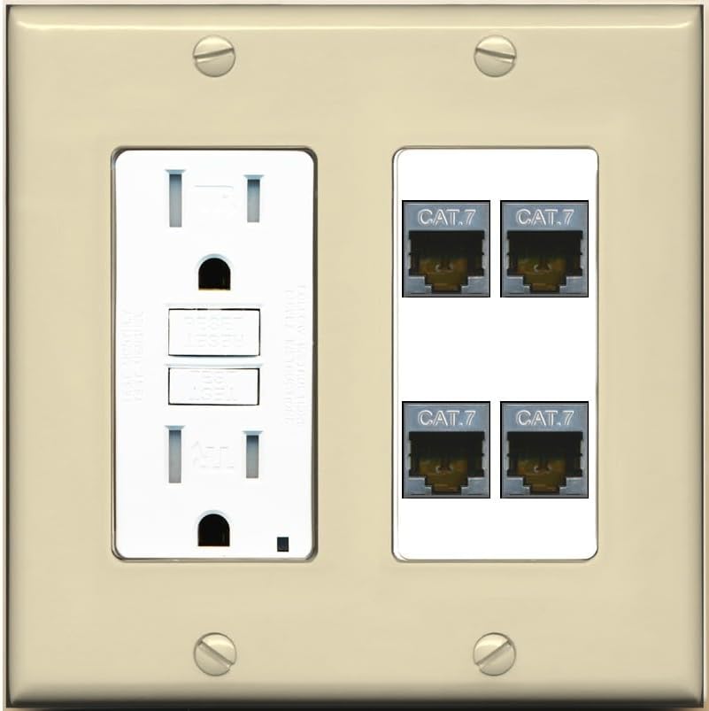 RiteAV 4 Port Cat7 Shielded Ethernet Wall Plate - GFCI Outlet [Screwless White]