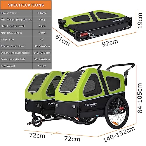 Doggyhut S-Line XL Hundeanhänger & Hundebuggy mit Federung 2 in 1 Hunde Fahrradanhänger Jogger gefedert bis 45 kg (Grün/Schwarz)
