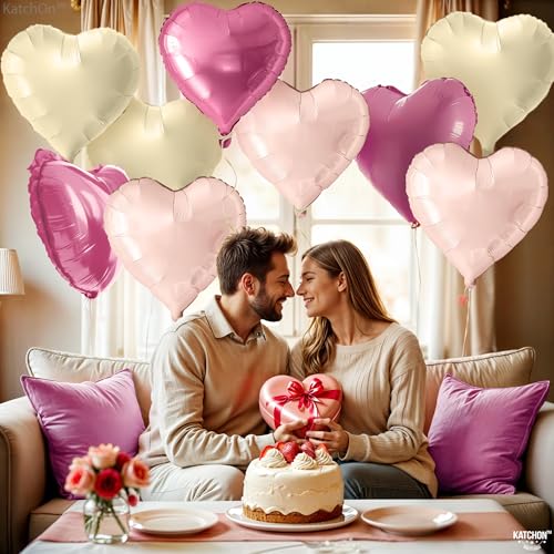 Image of KatchOn, Pastel Valentines Heart Balloons Foil - 18 Inch Pack of 12 | Heart Shaped Balloons for Valentines Day Decorations | Galentines Balloons, Galentines Day Decorations | Valentines Heart Balloons