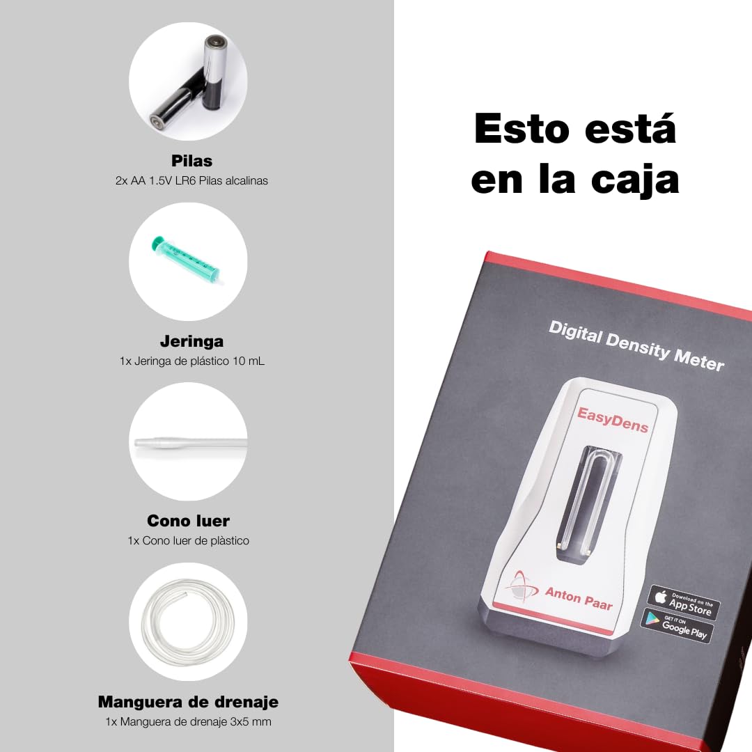 EasyDens by Anton Paar - Hidrómetro inteligente - Densímetro digital - Contenido de extracto, azúcar y alcohol - Plato, Gravedad Específica (SG), Babo, Baumé, Brix, g/L, KMW, Oechsle, ABV, Proof