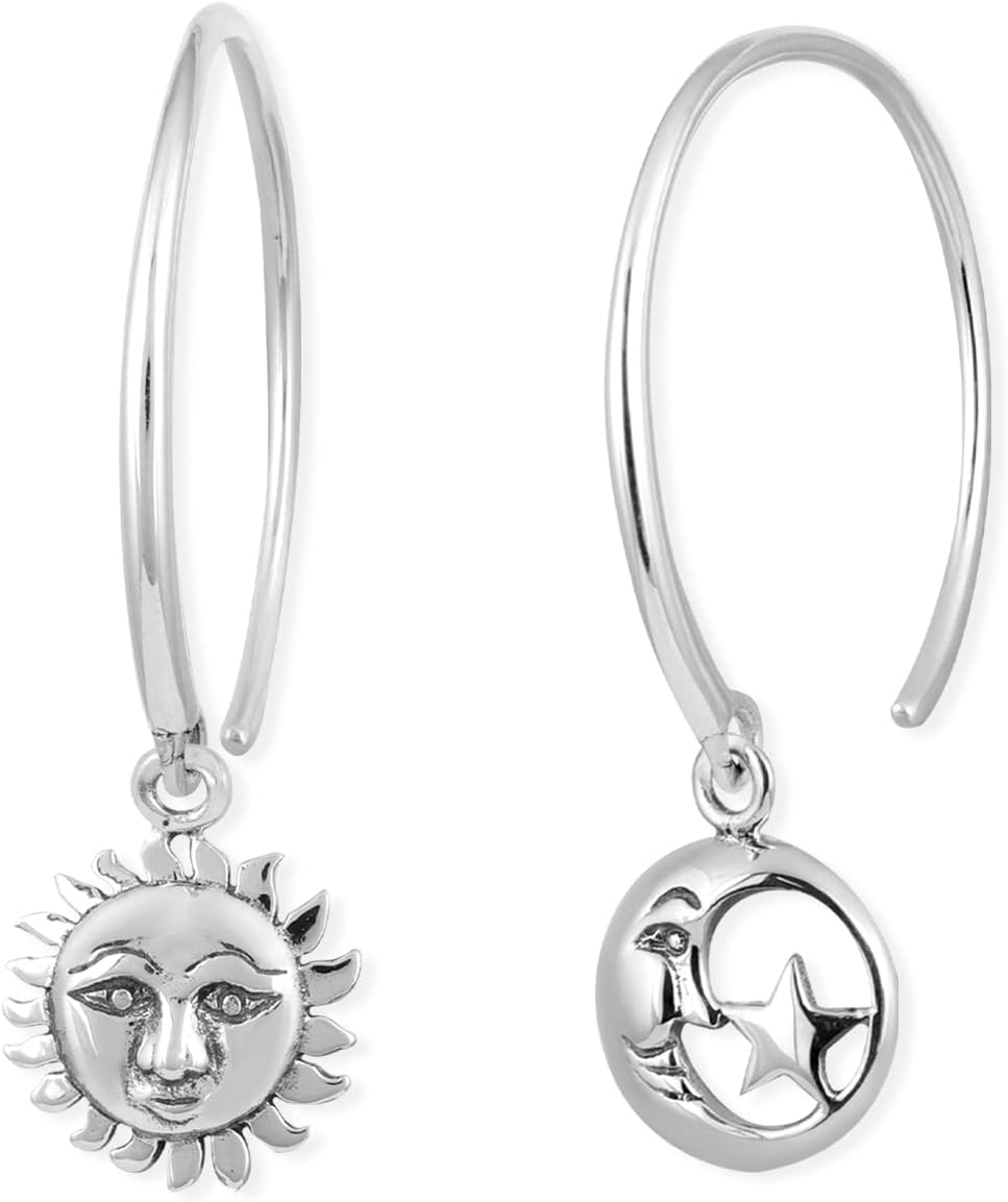 Boma Jewelry Sterling Silver Moon & Star Mismatched Pull Through Hoop Earrings