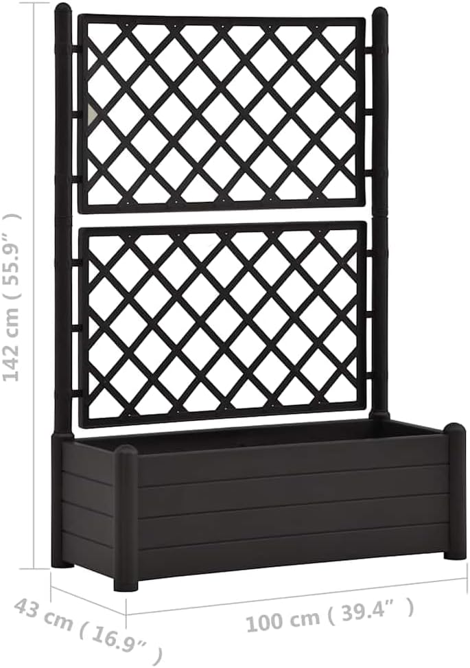 vidaXL Garden Raised Bed with Trellis, Raised Bed for Flowers and Plants, Planter with Drainage Hole, Outdoor and Indoor Use, Anthracite, 39.4"x16.9"x55.9" Plastic