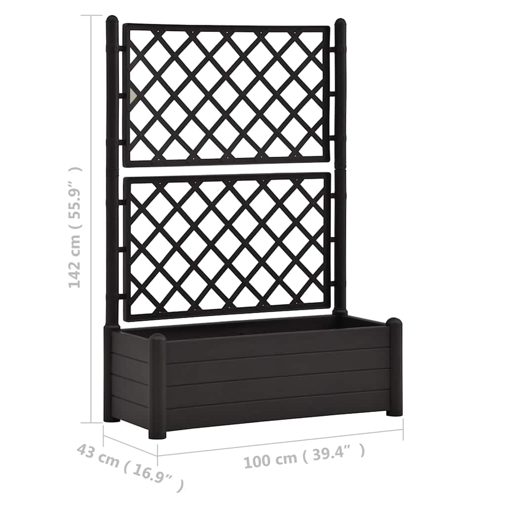 Skrzynia na rośliny z trejażem 100x43x142 cm PP antracyt donica ogrodowa z kratką odporna na mróz i UV 90L pojemność dla pnączy do domu i na taras