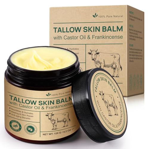 CFXYHNOX Beef Tallow for Skin & Face Cream with Castor Oil and Frankincense Natural 100% Grass Fed Whipped Beef Tallow Balm Deeply Moisturizing for Face & Body Care 4.2 oz