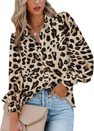 Zeagoo Womens Shirts Button Down Leopard Printed Lantern Long Sleeve Blouse Fashion Casual Tops 2025