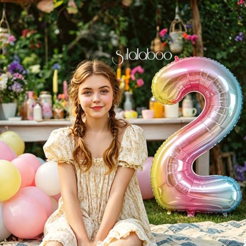 Image of Rainbow Gradient Number 2 Balloon 40 Inch Big Large Balloons 0-9 | 2nd Helium Foil Mylar Number Balloons for Birthday Anniversary Party Decorations