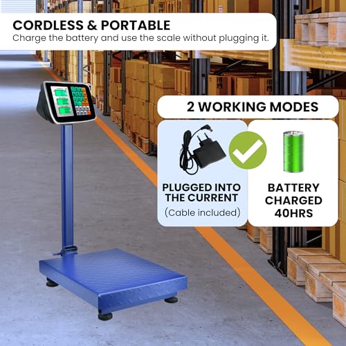 Industrielle Plattformwaage 150 kg. Zusammenklappbare Digital Waage mit LCD-Display. Stahlplattform 40x30cm. Interner Wiederaufladbarer Akku. Perfekt für Pakete, Lager, Geschäfte.