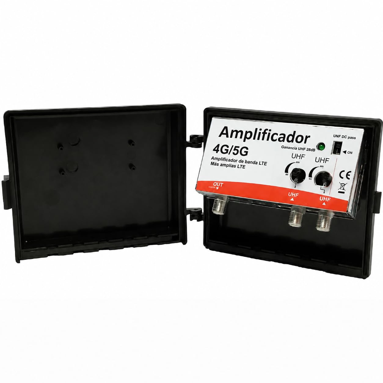 CABLEPELADO Amplificador de Mástil TDT 40dB LTE/5G, 2 Entradas UHF + 1 Salida, Filtro LTE Integrado, Regulación ±15dB, Bajo Ruido ≤3dB, Compatible Antenas UHF, Alimentación 12-24V DC, Protección IP23